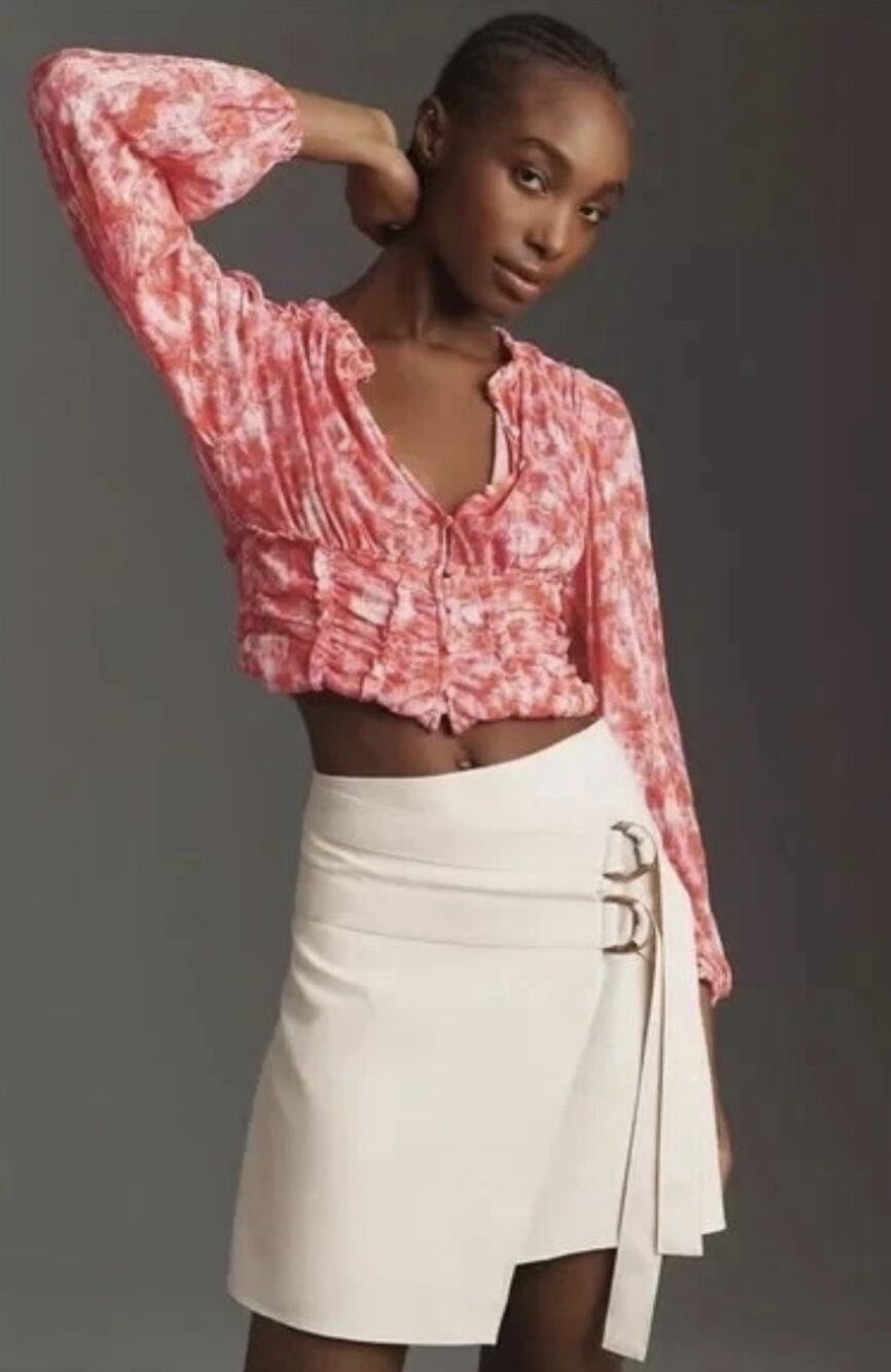 By Anthropologie Front Button Ruched Long Sleeve Crop Top Women’s Size XS